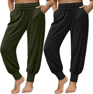 2 Pack Womens Plus Size Yoga Joggers, Loose Workout Sweatpants Comfy Lounge Pants with Pockets Casual Pajama Pants