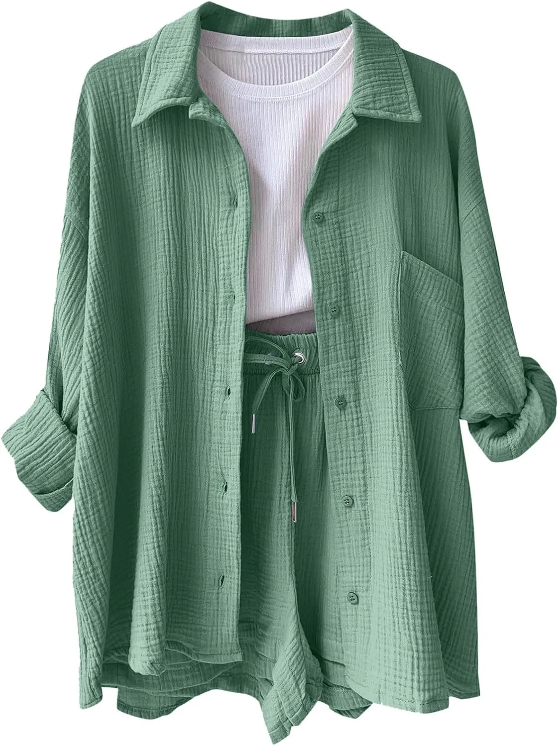 2 Piece Linen Set for Women Long Sleeve Button down Shirt and Shorts Tracksuit Lounge Set Matching Sets Women Clothing
