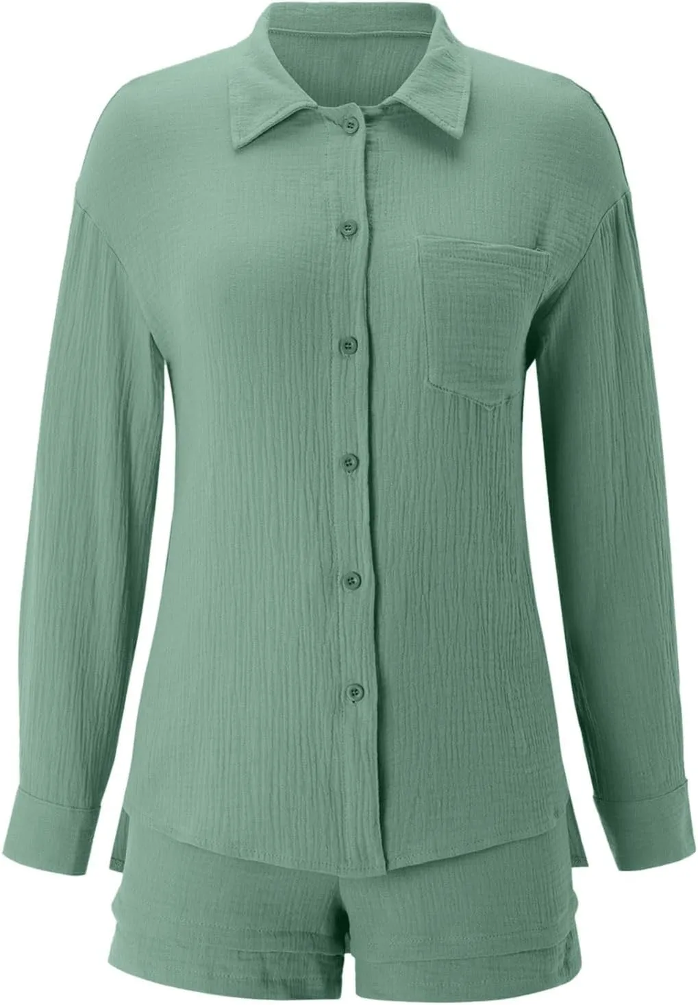 2 Piece Linen Set for Women Long Sleeve Button down Shirt and Shorts Tracksuit Lounge Set Matching Sets Women Clothing