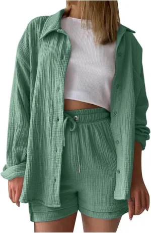2 Piece Linen Set for Women Long Sleeve Button down Shirt and Shorts Tracksuit Lounge Set Matching Sets Women Clothing