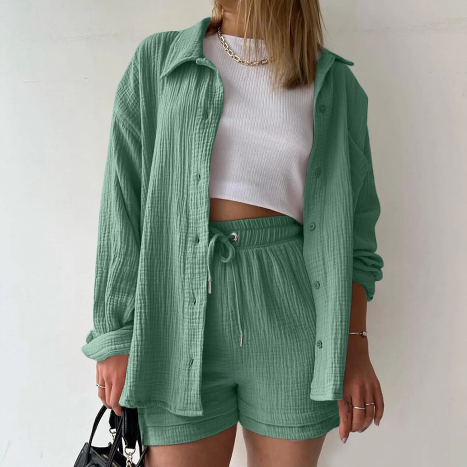 2 Piece Linen Set for Women Long Sleeve Button down Shirt and Shorts Tracksuit Lounge Set Matching Sets Women Clothing
