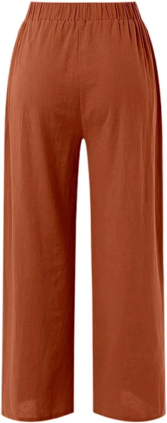 2 Piece Linen Sets for Women Casual Tracksuit Short Sleeve Tops and Wide Leg Long Pants Matching Lounge Wear