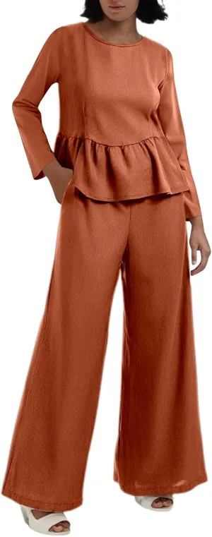 2 Piece Linen Sets for Women Casual Tracksuit Short Sleeve Tops and Wide Leg Long Pants Matching Lounge Wear