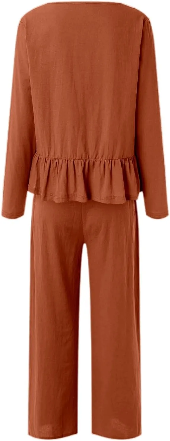 2 Piece Linen Sets for Women Casual Tracksuit Short Sleeve Tops and Wide Leg Long Pants Matching Lounge Wear