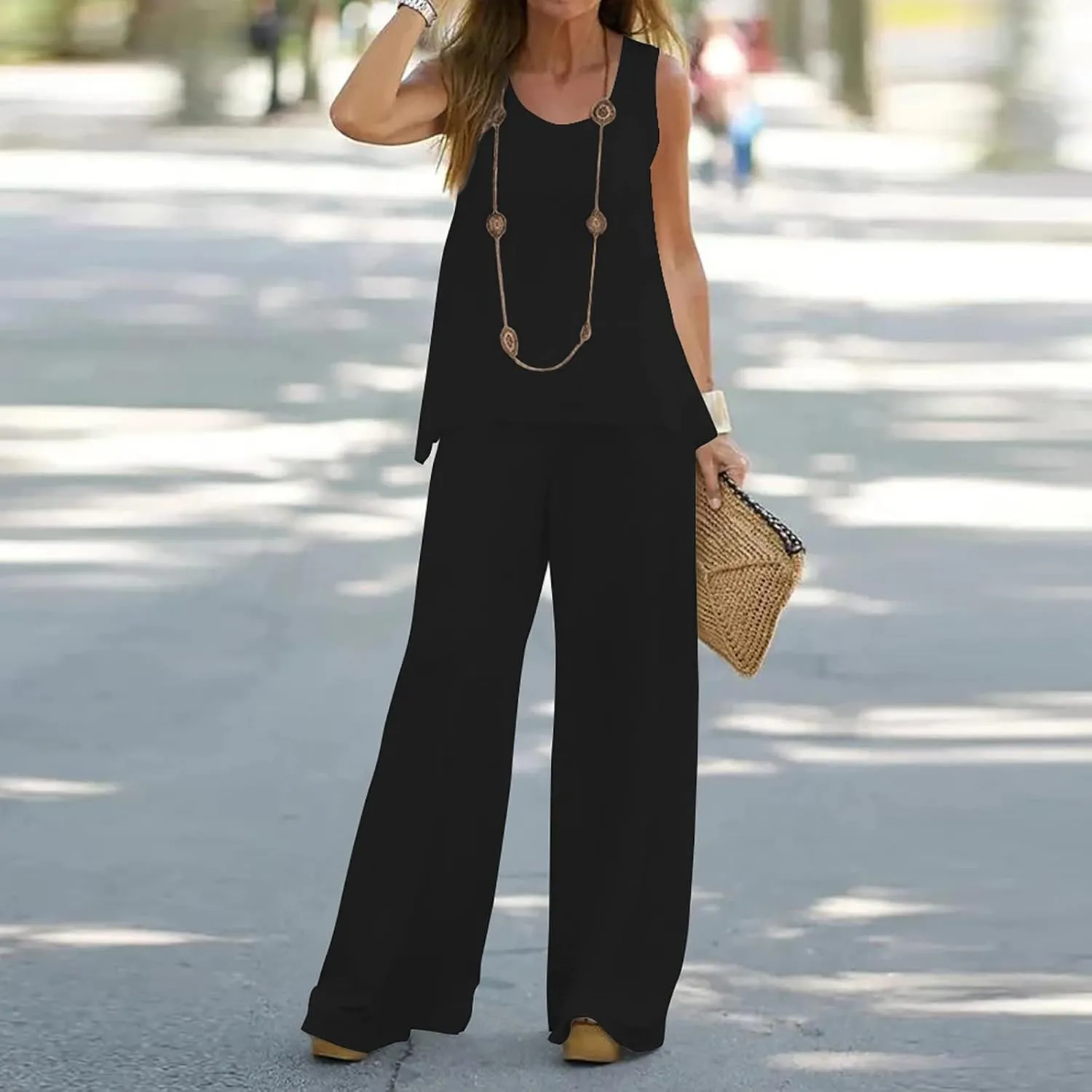 2 Piece Linen Sets for Women Short Sleeve Summer Tops Wide Leg Pants Casual Matching Tracksuits Travel Outfits
