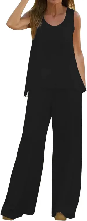 2 Piece Linen Sets for Women Short Sleeve Summer Tops Wide Leg Pants Casual Matching Tracksuits Travel Outfits