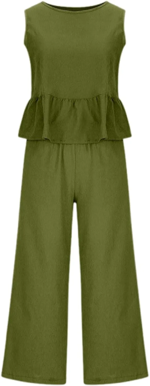 2 Piece Linen Sets for Women Summer Cotton Linen Casual Matching Set Short Sleeve T Shirts and Pants with Pockets
