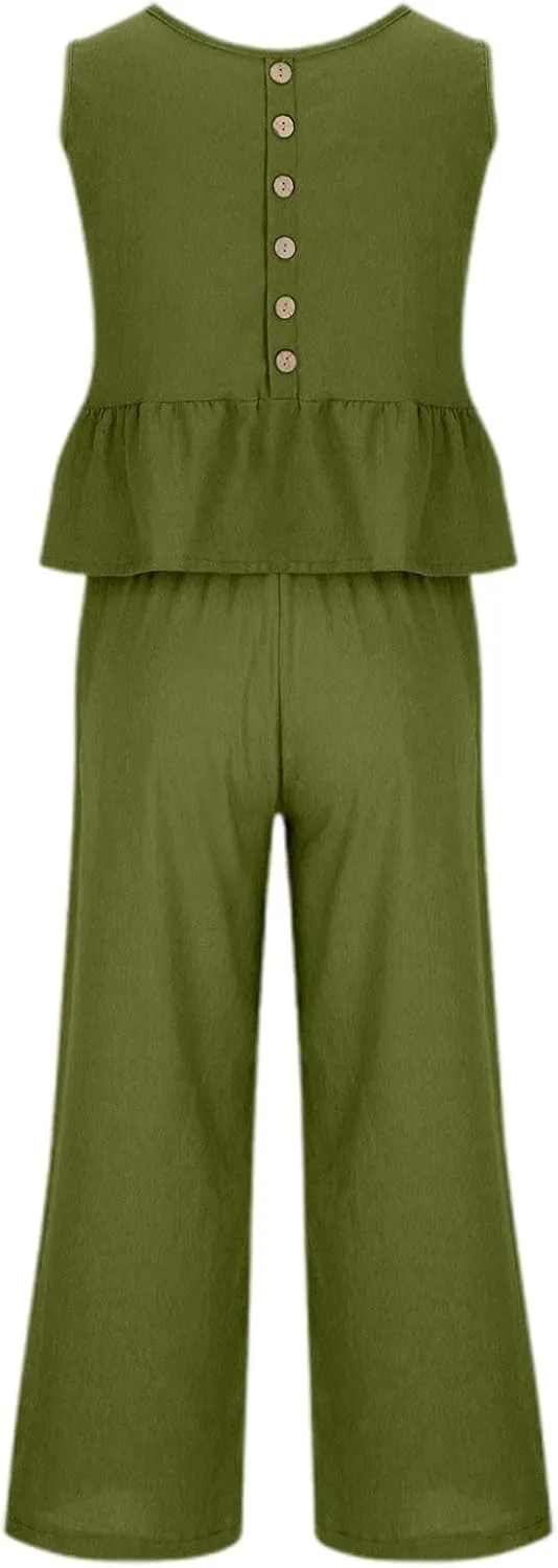2 Piece Linen Sets for Women Summer Cotton Linen Casual Matching Set Short Sleeve T Shirts and Pants with Pockets
