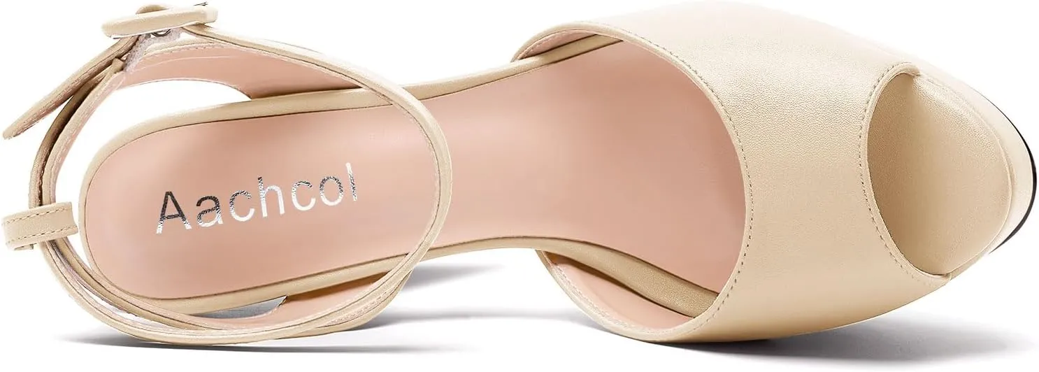 Aachcol Womens Chunky Block High Platform Heel Peep Open Toe Sandals Ankle Strap Slingback Buckle Prom Dress Summer 5.1 Inches Heels