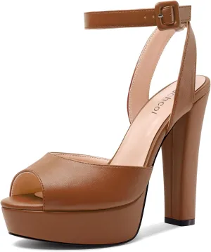 Aachcol Womens Chunky Block High Platform Heel Peep Open Toe Sandals Ankle Strap Slingback Buckle Prom Dress Summer 5.1 Inches Heels
