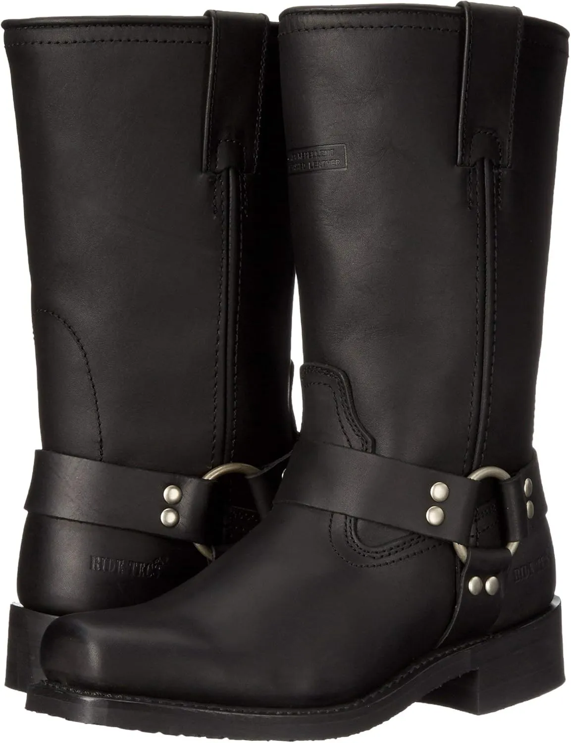 Ad Tec Woman's 12in Harness Straps Grain Leather Motorcycle Riding Boots, Black - Square Soft Toe with Neoprene Oil Resistant Sole and Heel