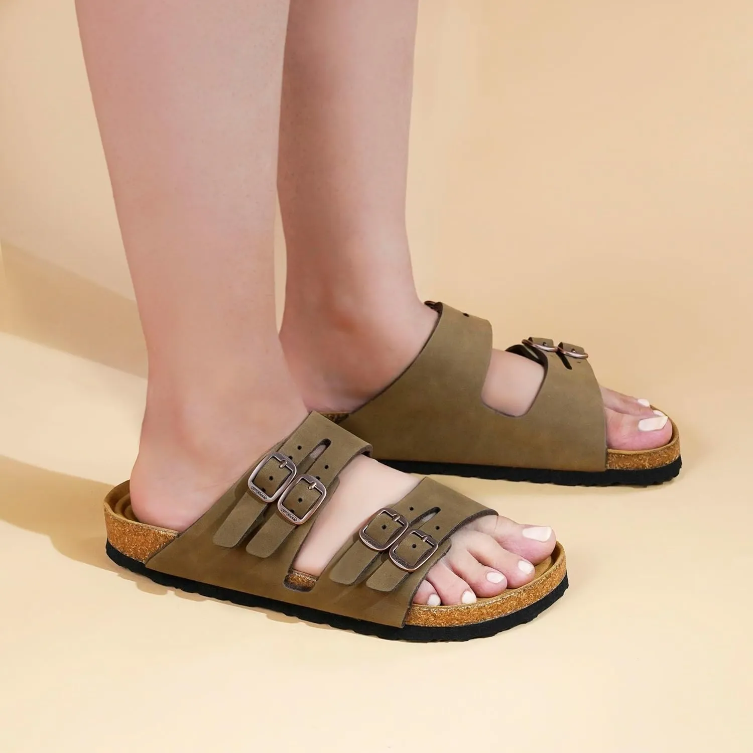 AEROTHOTIC Arch Support Recovery Slides for Women Comfy Memory Foam Cork Footbed Double Straps with Adjustable Buckle Slip on Beach Dressy Outdoor Ladies Sandals