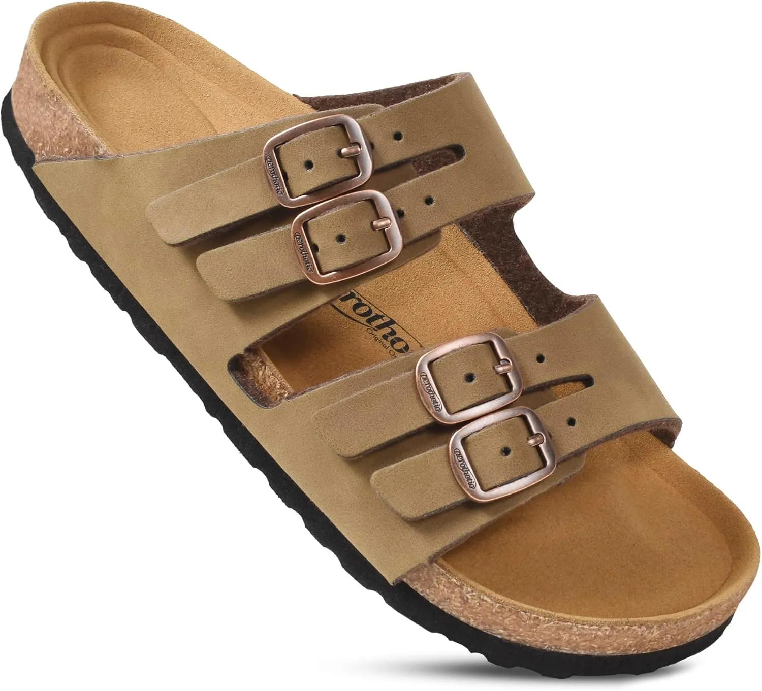 AEROTHOTIC Arch Support Recovery Slides for Women Comfy Memory Foam Cork Footbed Double Straps with Adjustable Buckle Slip on Beach Dressy Outdoor Ladies Sandals