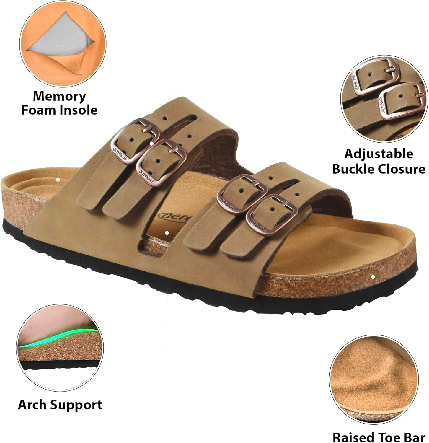 AEROTHOTIC Arch Support Recovery Slides for Women Comfy Memory Foam Cork Footbed Double Straps with Adjustable Buckle Slip on Beach Dressy Outdoor Ladies Sandals