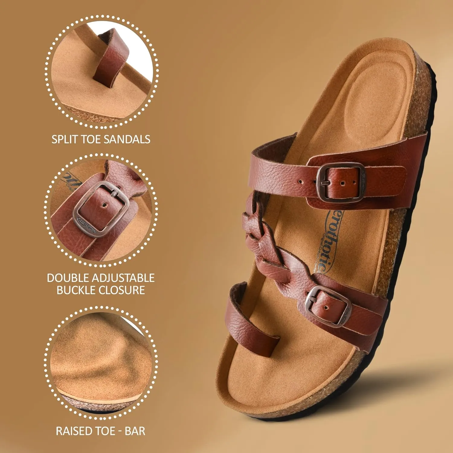 AEROTHOTIC Comfy Memory Foam Cork Sandals for Women Cute Dressy Adjustable Strappy Split Toe Slip On Vacation Essentials Women Footwear Open Toe Arch Support Slides