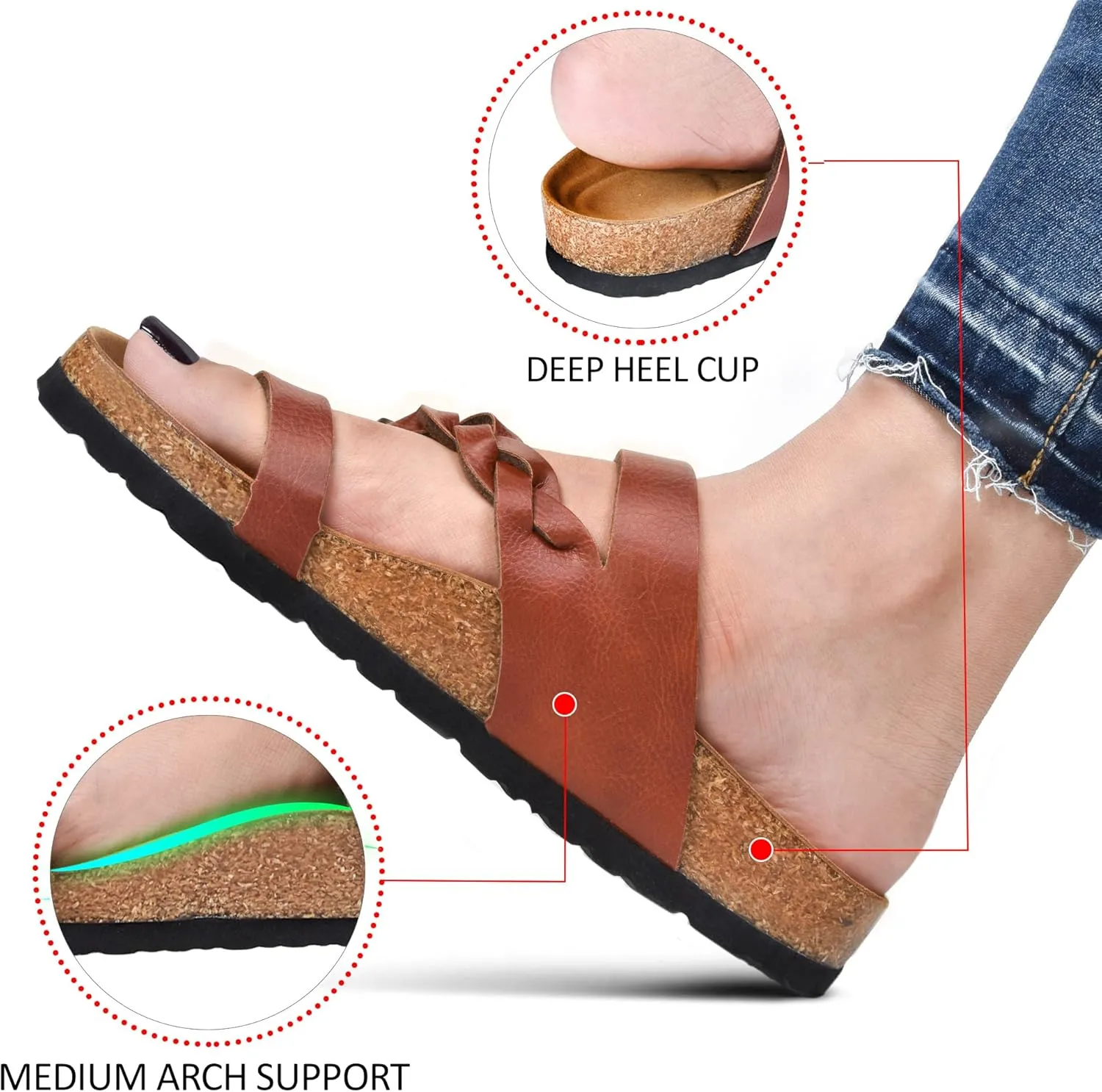 AEROTHOTIC Comfy Memory Foam Cork Sandals for Women Cute Dressy Adjustable Strappy Split Toe Slip On Vacation Essentials Women Footwear Open Toe Arch Support Slides