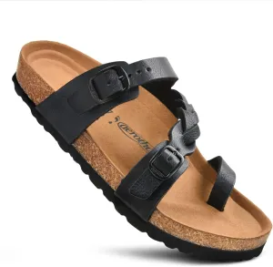 AEROTHOTIC Comfy Memory Foam Cork Sandals for Women Cute Dressy Adjustable Strappy Split Toe Slip On Vacation Essentials Women Footwear Open Toe Arch Support Slides
