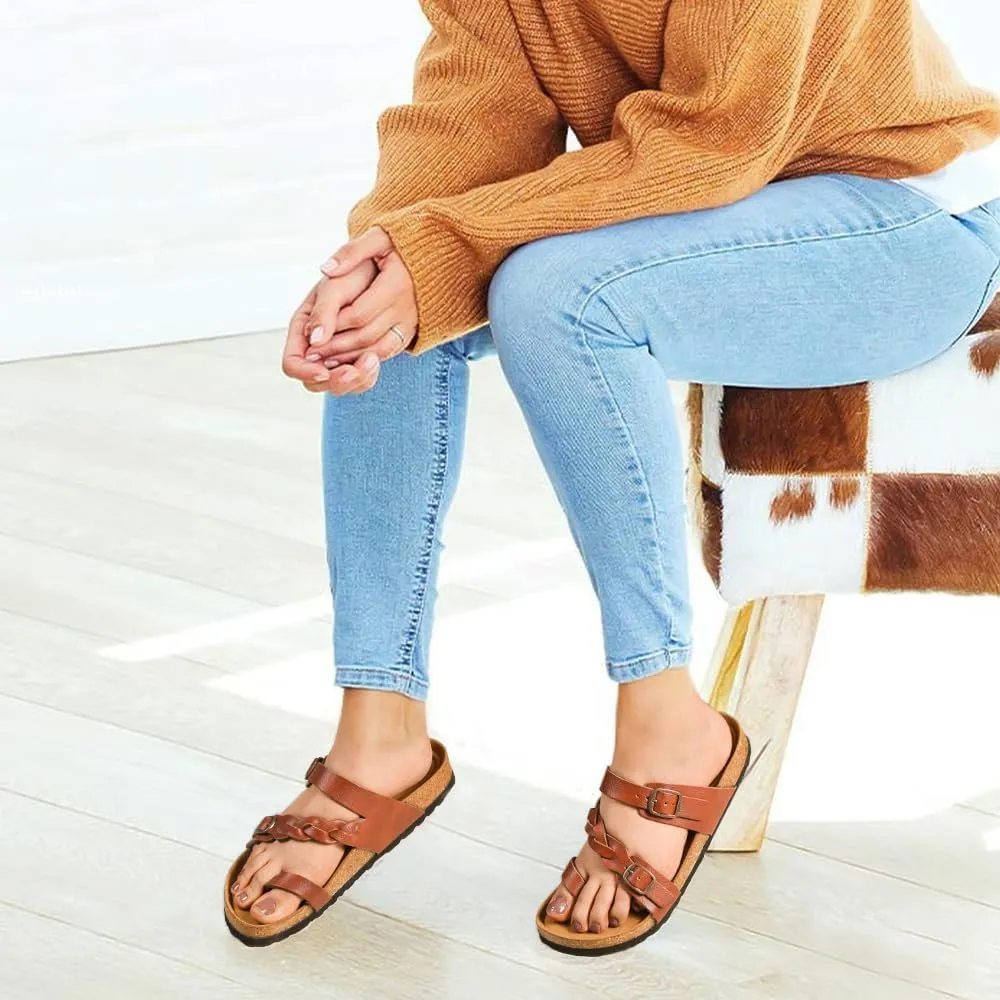 AEROTHOTIC Comfy Memory Foam Cork Sandals for Women Cute Dressy Adjustable Strappy Split Toe Slip On Vacation Essentials Women Footwear Open Toe Arch Support Slides