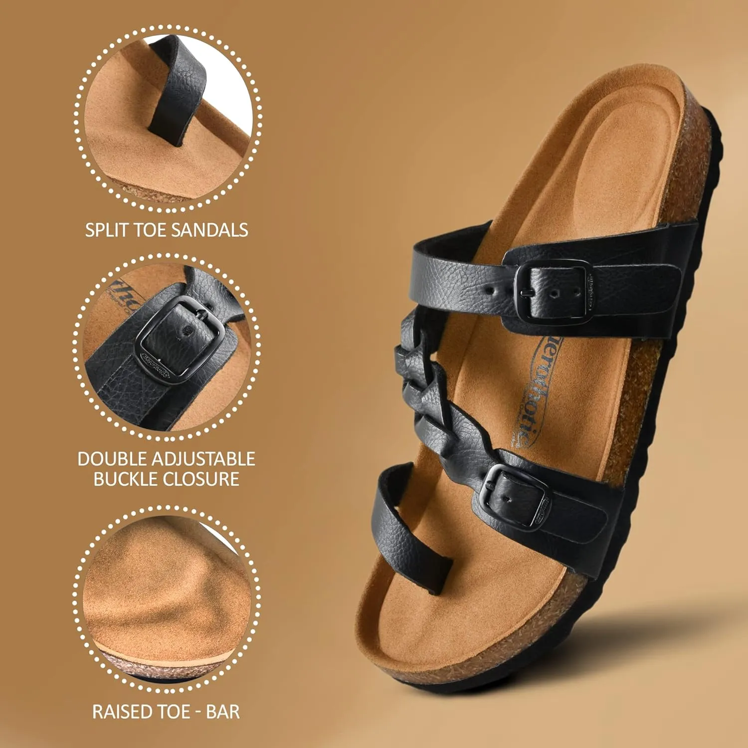 AEROTHOTIC Comfy Memory Foam Cork Sandals for Women Cute Dressy Adjustable Strappy Split Toe Slip On Vacation Essentials Women Footwear Open Toe Arch Support Slides