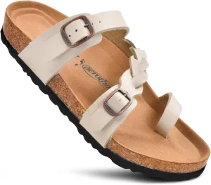 AEROTHOTIC Comfy Memory Foam Cork Sandals for Women Cute Dressy Adjustable Strappy Split Toe Slip On Vacation Essentials Women Footwear Open Toe Arch Support Slides