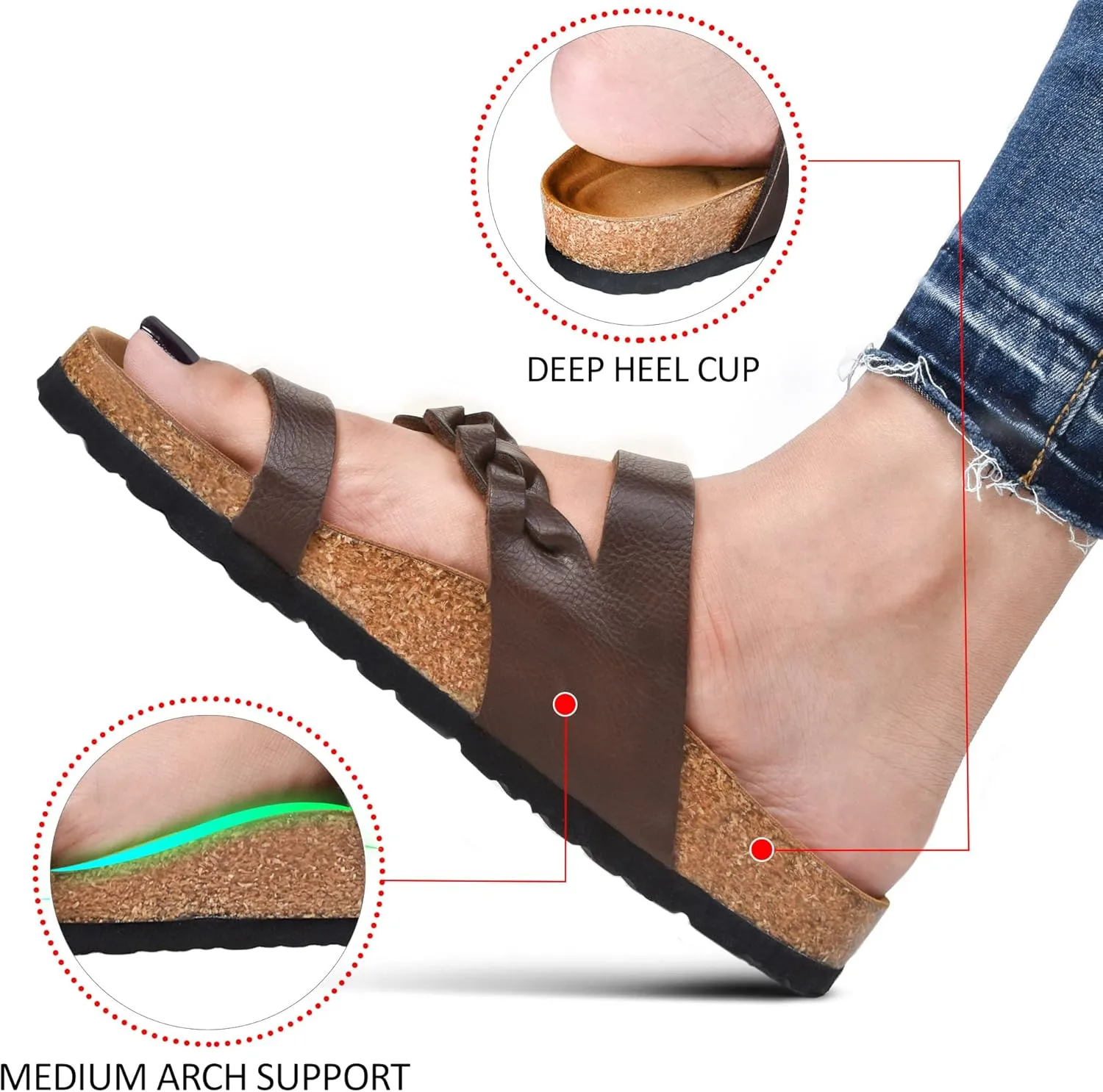 AEROTHOTIC Comfy Memory Foam Cork Sandals for Women Cute Dressy Adjustable Strappy Split Toe Slip On Vacation Essentials Women Footwear Open Toe Arch Support Slides