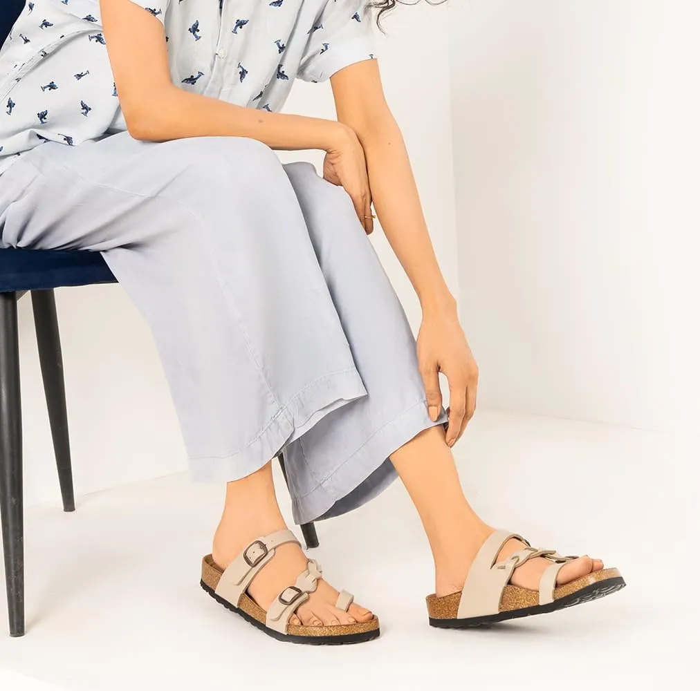 AEROTHOTIC Comfy Memory Foam Cork Sandals for Women Cute Dressy Adjustable Strappy Split Toe Slip On Vacation Essentials Women Footwear Open Toe Arch Support Slides
