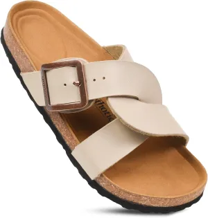 AEROTHOTIC Cork Recovery Slides for Women with Plantar Fasciitis Relief Comfortable Suede Footbed with Adjustable Buckle Cross Strappy Slip on Casual Travel Walking Beach Ladies Sandals