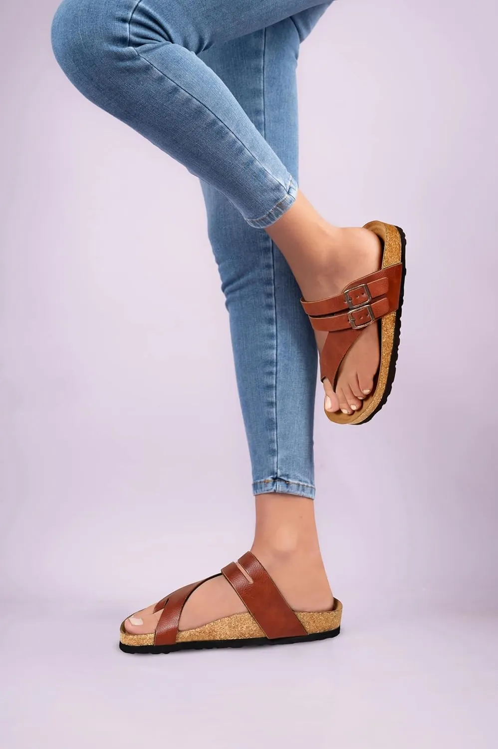 AEROTHOTIC Womens Strappy Slip-On Modern Memory Foam Cushion Footbed Outdoor Adjustable Buckle Cork Footbed Slides for Sandals with Comfortable Arch Support