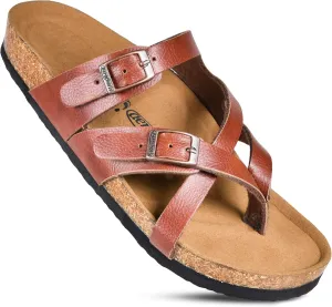 AEROTHOTIC Womens Strappy Slip-On Modern Memory Foam Cushion Footbed Outdoor Adjustable Buckle Cork Footbed Slides for Sandals with Comfortable Arch Support