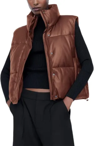 Ailoqing Womens Faux Leather Puffer Vest Zip Up Sleeveless Winter Cropped Jacket