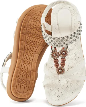Alicegana Sandals for Women 2025 Dressy - Comfort Bohemian Summer Flats Ankle Elastic Strap Casual Walking Beach Shoes