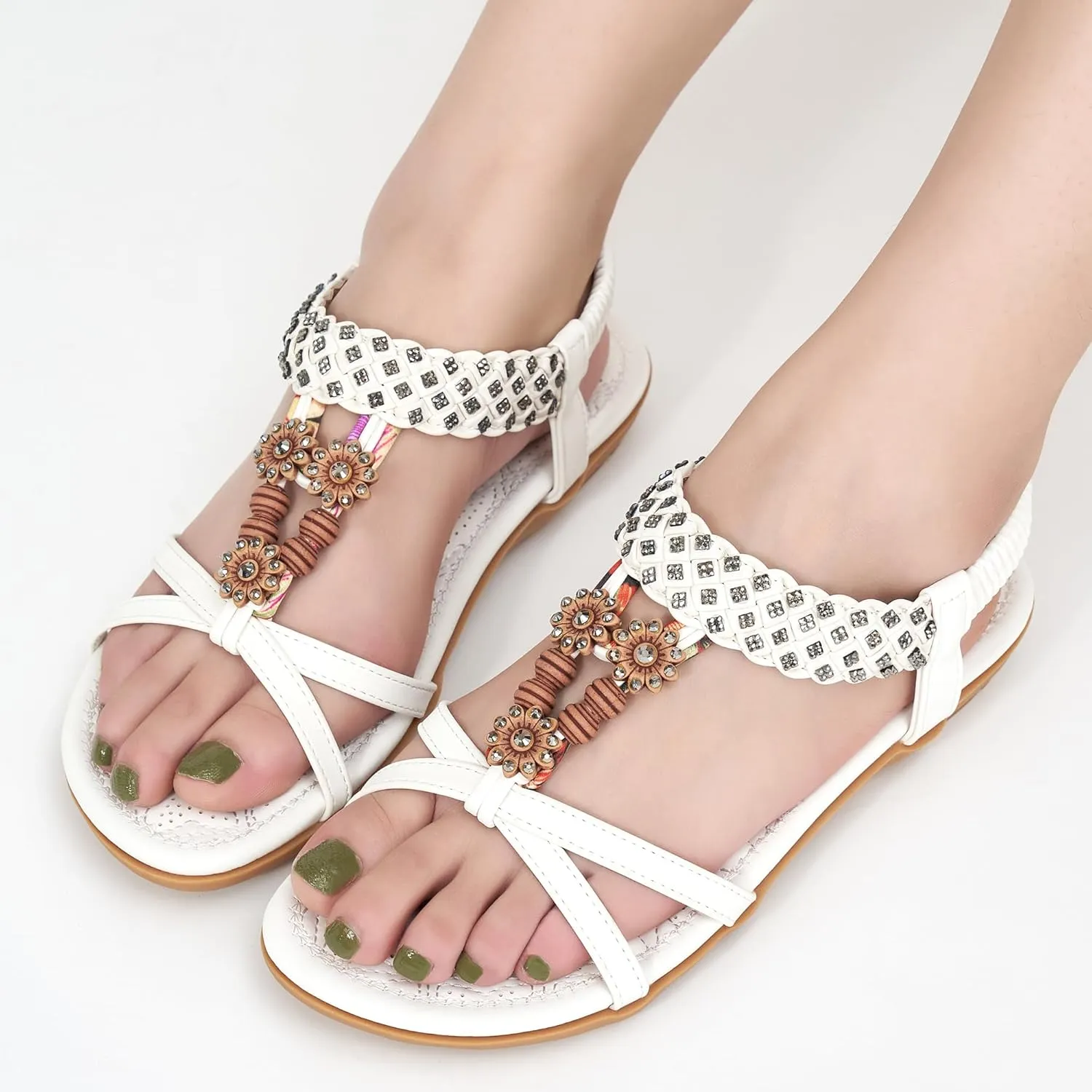 Alicegana Sandals for Women 2025 Dressy - Comfort Bohemian Summer Flats Ankle Elastic Strap Casual Walking Beach Shoes