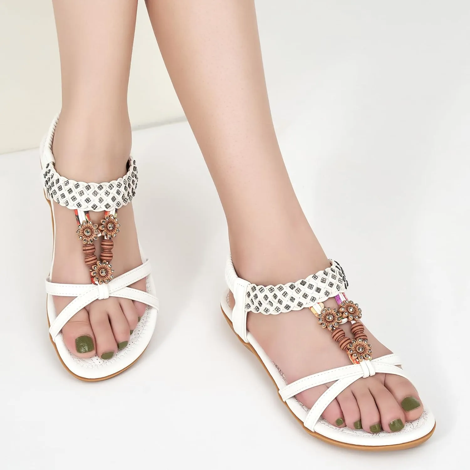 Alicegana Sandals for Women 2025 Dressy - Comfort Bohemian Summer Flats Ankle Elastic Strap Casual Walking Beach Shoes