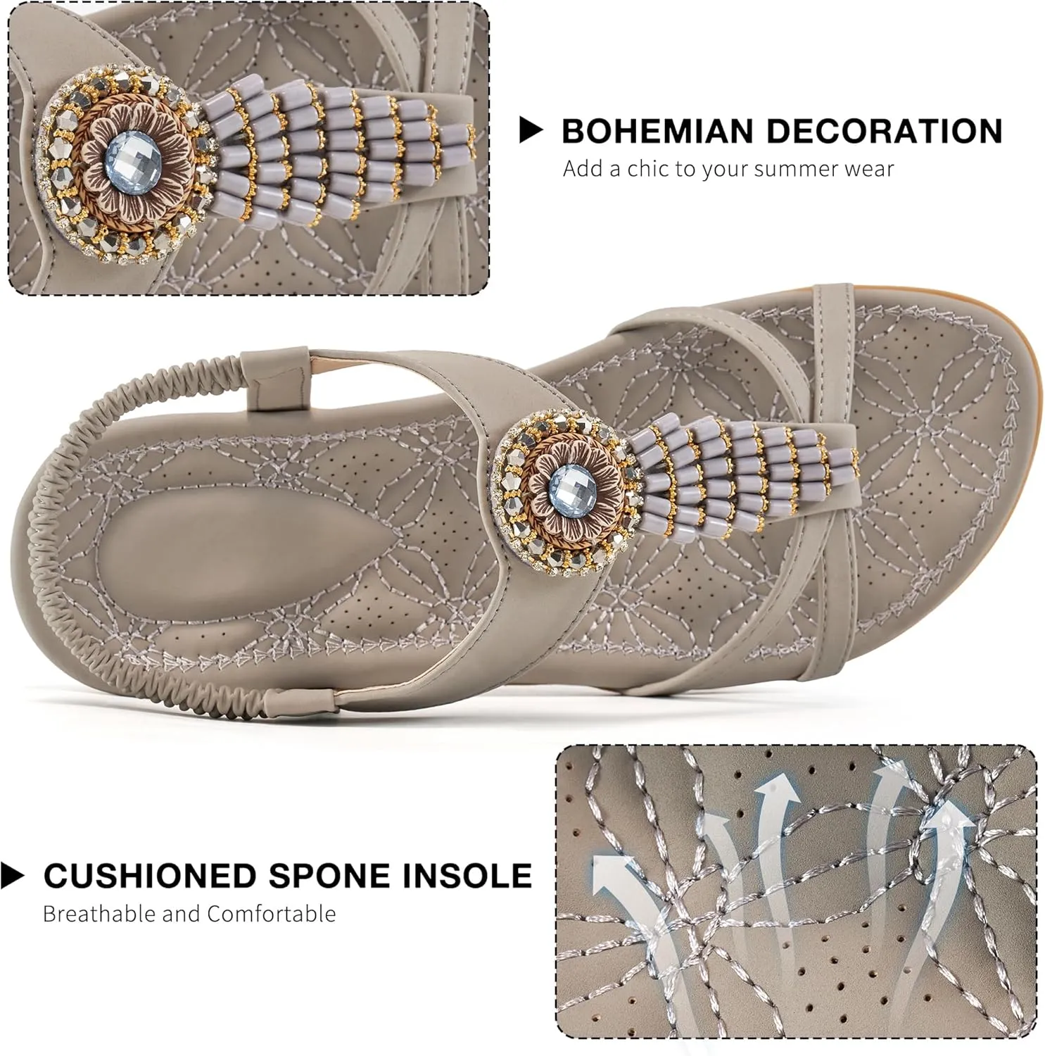 Alicegana Women's Flat Sandals Dressy Summer Comfortable Bohemian Walking Beach Travel Shoes