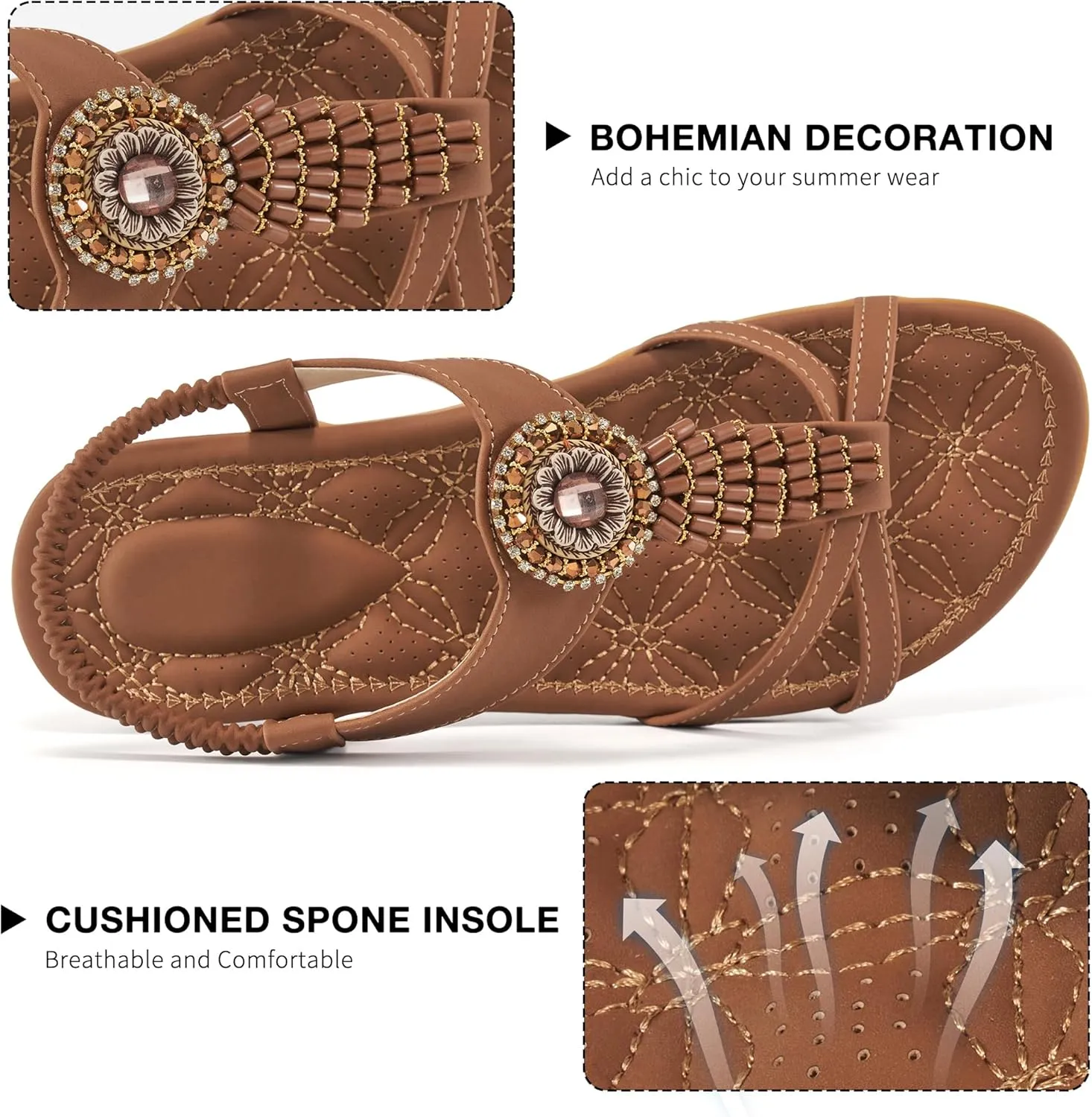 Alicegana Women's Flat Sandals Dressy Summer Comfortable Bohemian Walking Beach Travel Shoes