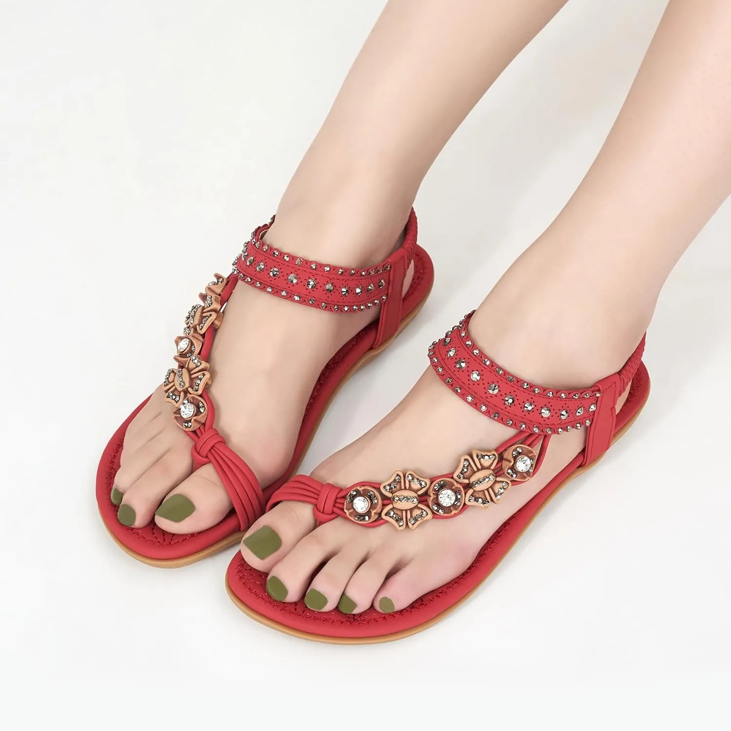 Alicegana Womens Sandals Dressy Flats: Bohemian Summer Comfortable Split Toe Shoes Walking Beach Gladiator