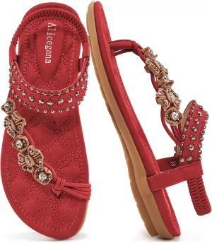 Alicegana Womens Sandals Dressy Flats: Bohemian Summer Comfortable Split Toe Shoes Walking Beach Gladiator