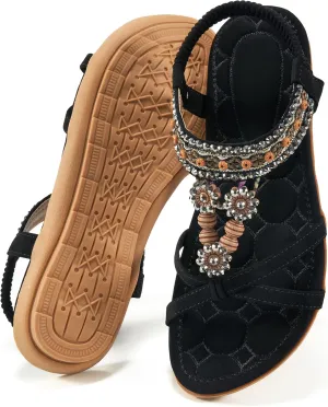 Alicegana Womens Sandals Dressy Summer: Comfortable Bohemian Flats Elastic Ankle Strap Walking Beach Shoes