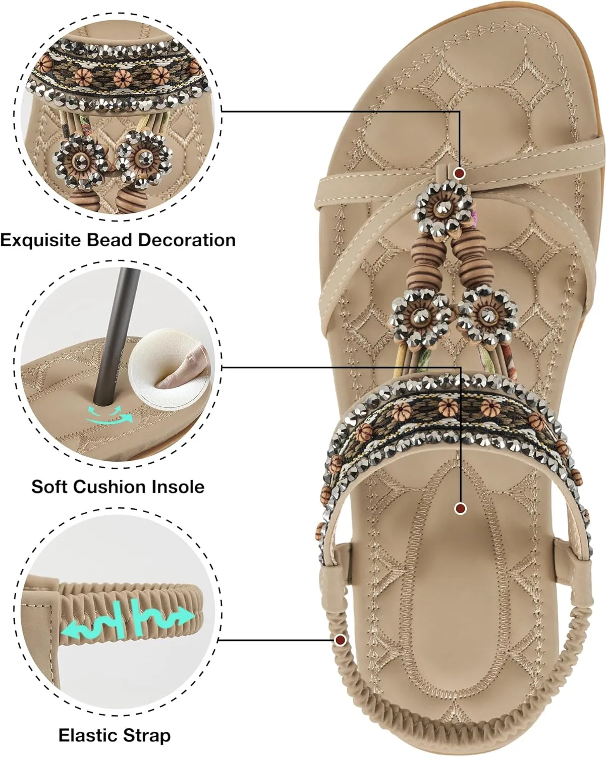 Alicegana Womens Sandals Dressy Summer: Comfortable Bohemian Flats Elastic Ankle Strap Walking Beach Shoes