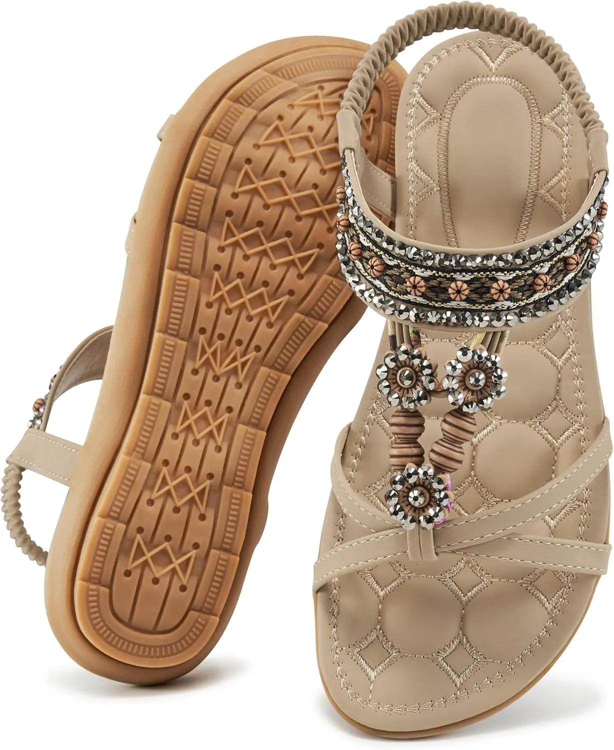 Alicegana Womens Sandals Dressy Summer: Comfortable Bohemian Flats Elastic Ankle Strap Walking Beach Shoes