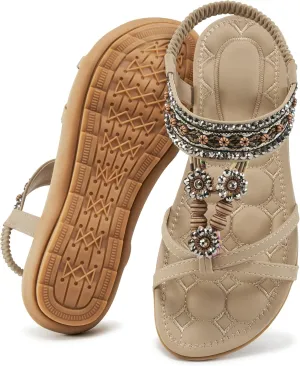 Alicegana Womens Sandals Dressy Summer: Comfortable Bohemian Flats Elastic Ankle Strap Walking Beach Shoes