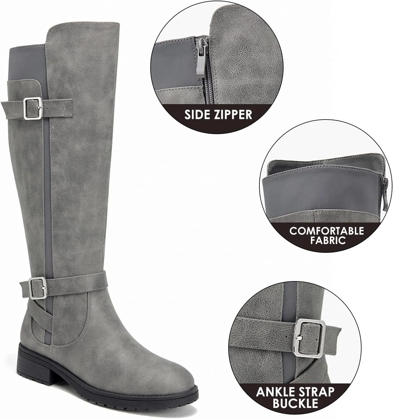 ALLOT Women's Knee High Boots Stretchy Fashion Riding Boot Flat Low Heel Buckle Strap Winter Motorcycle Shoes