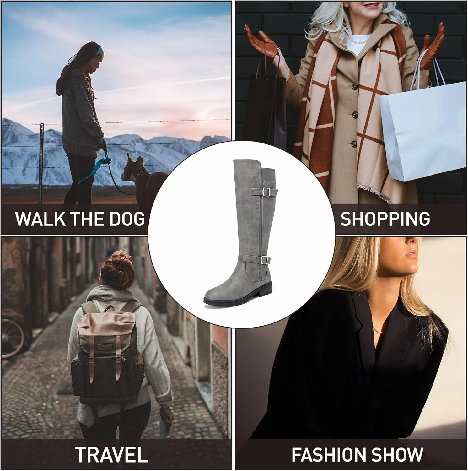 ALLOT Women's Knee High Boots Stretchy Fashion Riding Boot Flat Low Heel Buckle Strap Winter Motorcycle Shoes