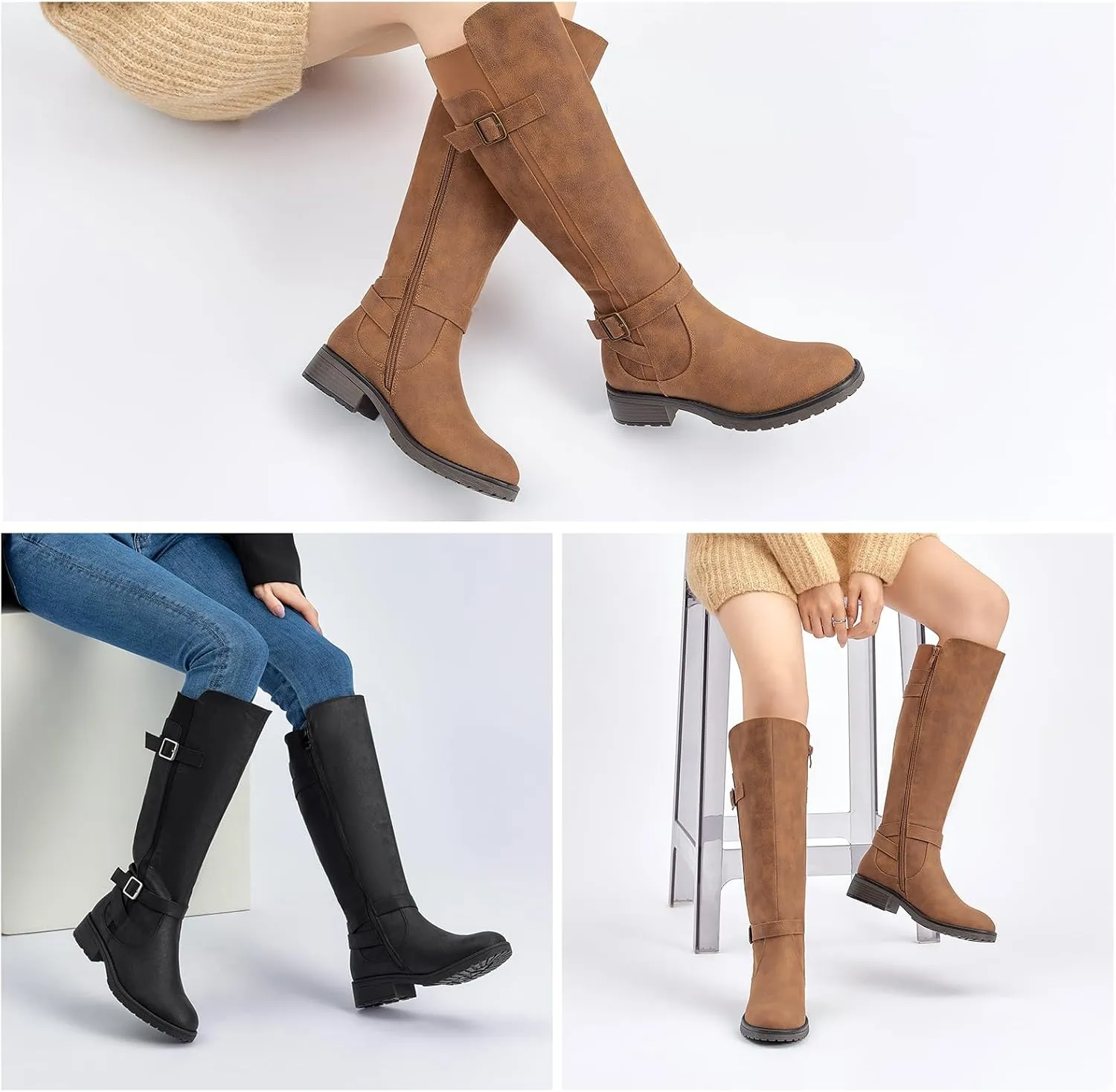 ALLOT Women's Knee High Boots Stretchy Fashion Riding Boot Flat Low Heel Buckle Strap Winter Motorcycle Shoes