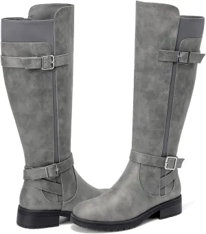 ALLOT Women's Knee High Boots Stretchy Fashion Riding Boot Flat Low Heel Buckle Strap Winter Motorcycle Shoes