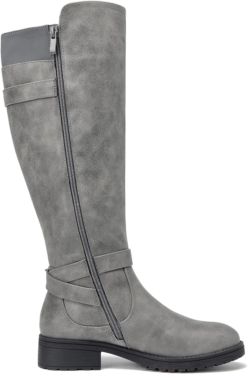 ALLOT Women's Knee High Boots Stretchy Fashion Riding Boot Flat Low Heel Buckle Strap Winter Motorcycle Shoes