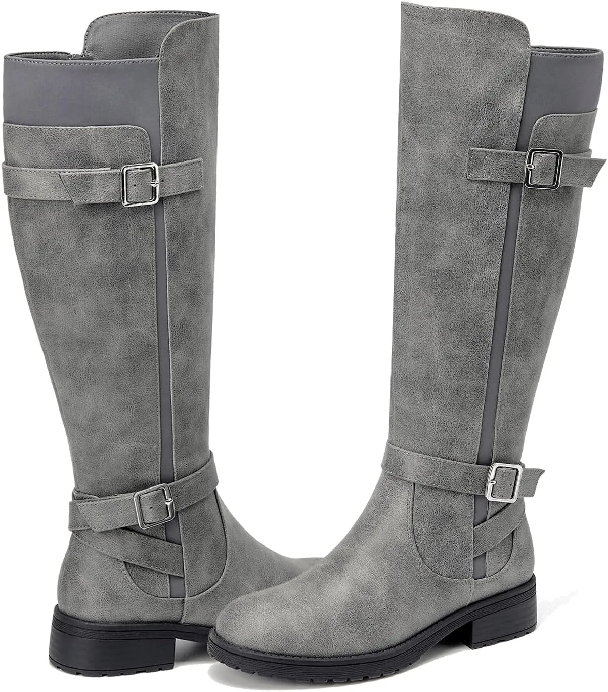 ALLOT Women's Knee High Boots Stretchy Fashion Riding Boot Flat Low Heel Buckle Strap Winter Motorcycle Shoes