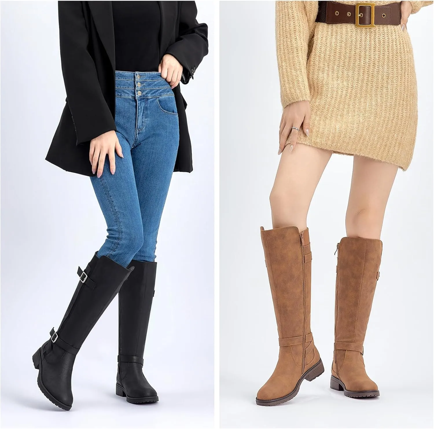 ALLOT Women's Knee High Boots Stretchy Fashion Riding Boot Flat Low Heel Buckle Strap Winter Motorcycle Shoes