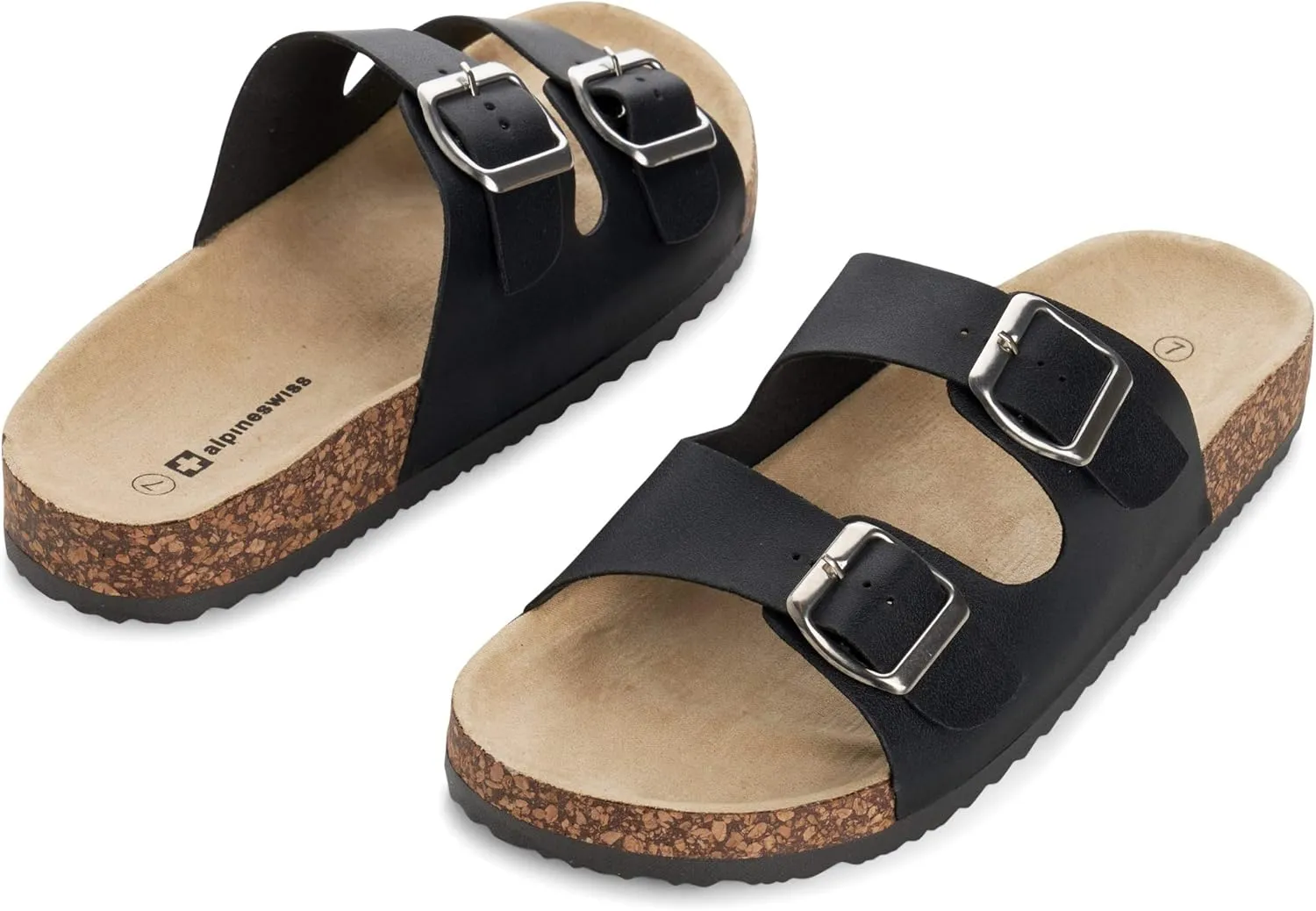 Alpine Swiss Womens Double Strap Contour Sandals | Adjustable Buckle Slides | Vegan Leather Footbed Sandals | Ergonomic Cork-Inspired Sole | Casual Summer Footwear Slip On Slides with Buckles