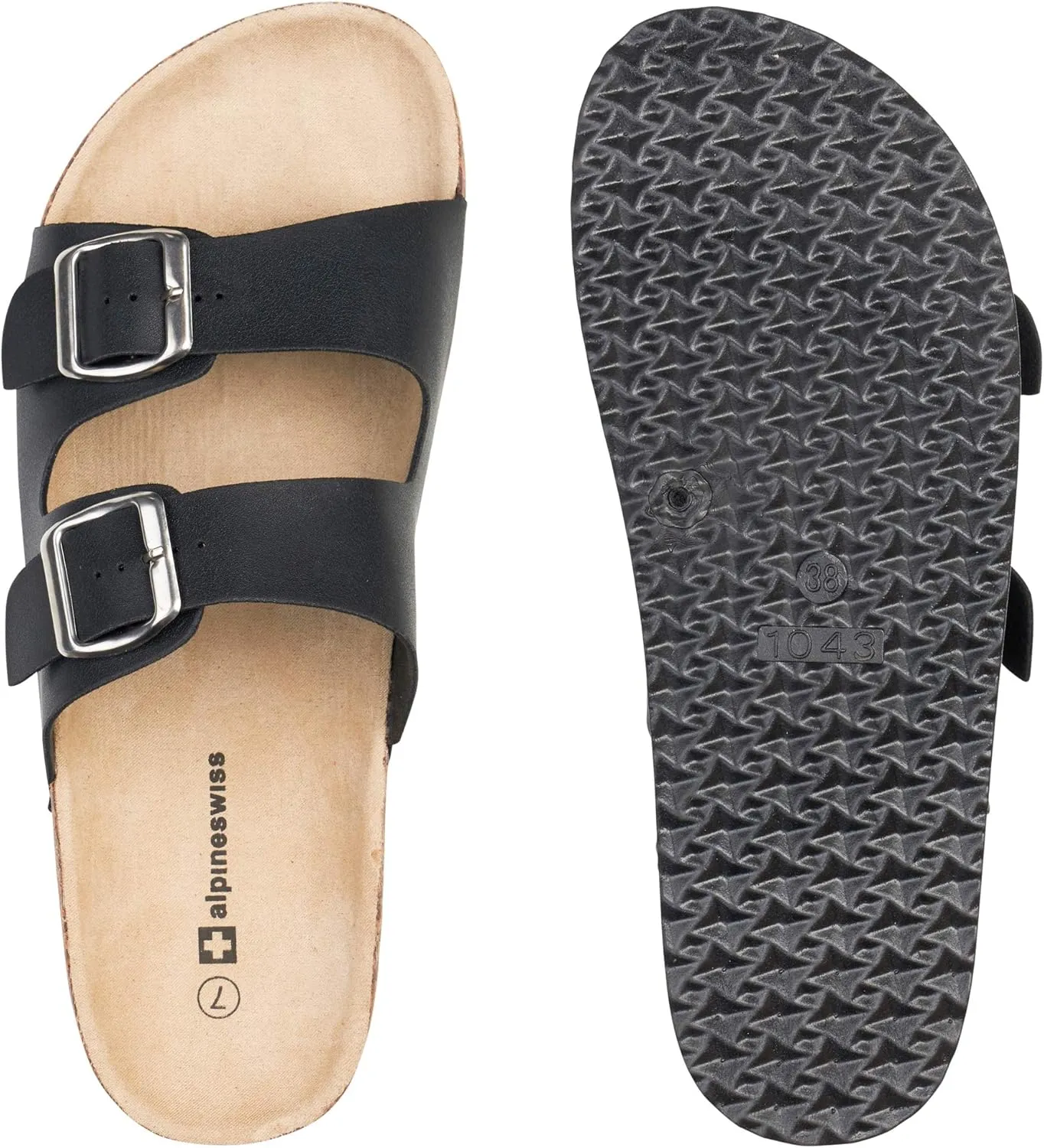 Alpine Swiss Womens Double Strap Contour Sandals | Adjustable Buckle Slides | Vegan Leather Footbed Sandals | Ergonomic Cork-Inspired Sole | Casual Summer Footwear Slip On Slides with Buckles